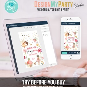 Puede incluir: Una plantilla de dise&ntilde;o digital para una tarjeta de agradecimiento con un hada con alas rosadas y flores. El texto de la tarjeta dice "Muchas gracias hada mucho Amor, Madison".