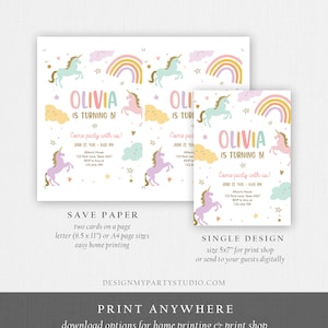 May include: Printable invitation for a unicorn-themed birthday party. The invitation features a rainbow, clouds, stars, and unicorns. The text on the invitation reads "Olivia is turning 8!" and includes party details such as date, time, and location. The invitation is available in two sizes: 8.5 x 11 inches for home printing and 5x7 inches for print shops.