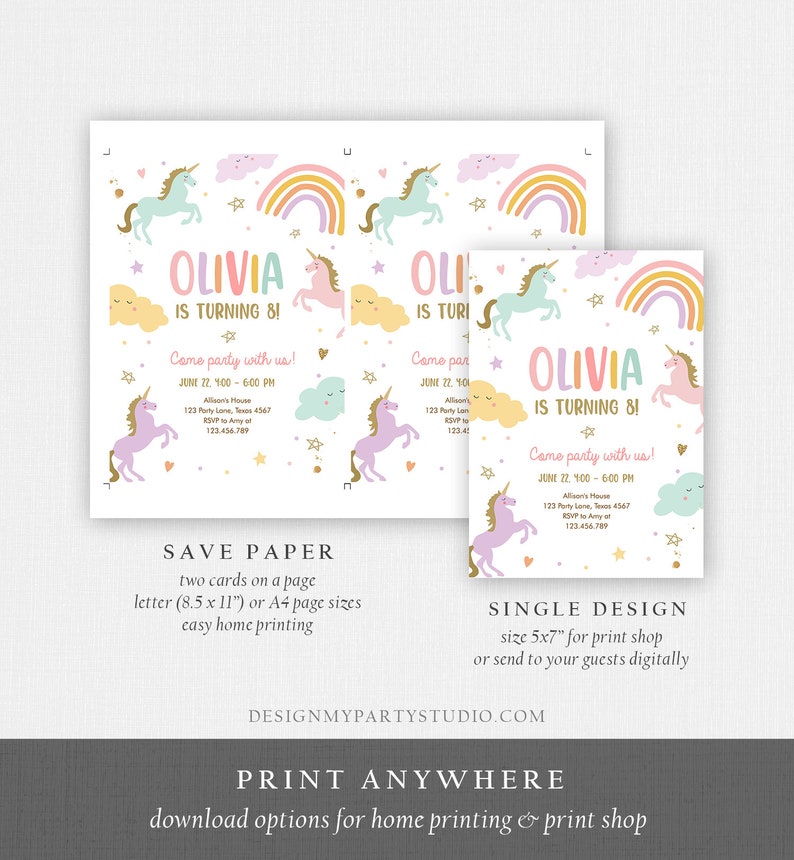 May include: Printable invitation for a unicorn-themed birthday party. The invitation features a rainbow, clouds, stars, and unicorns. The text on the invitation reads "Olivia is turning 8!" and includes party details such as date, time, and location. The invitation is available in two sizes: 8.5 x 11 inches for home printing and 5x7 inches for print shops.