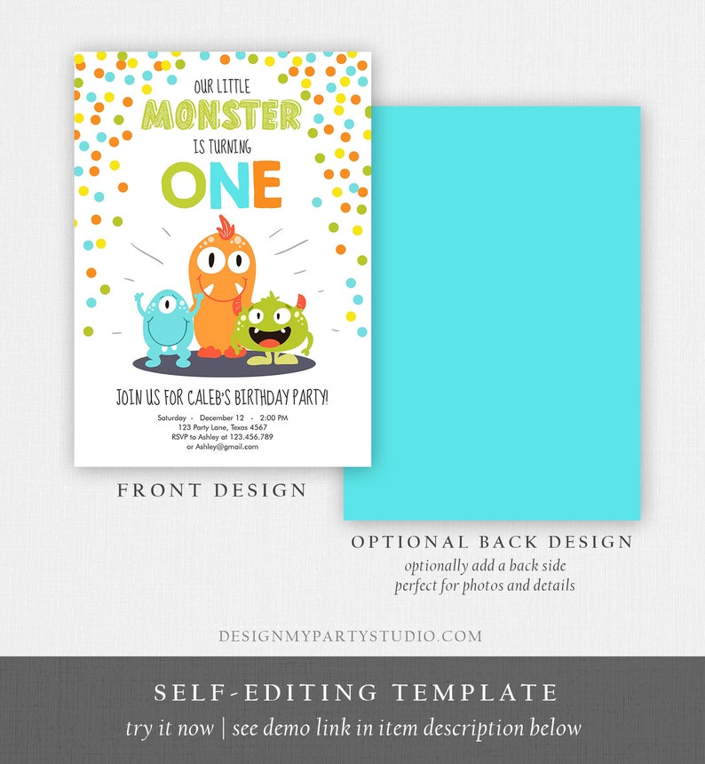 Editable Little Monster Birthday Invitation First Birthday Party Monsters Boy Confetti 1st Orange Blue One Printable Corjl Template 0058 image 6