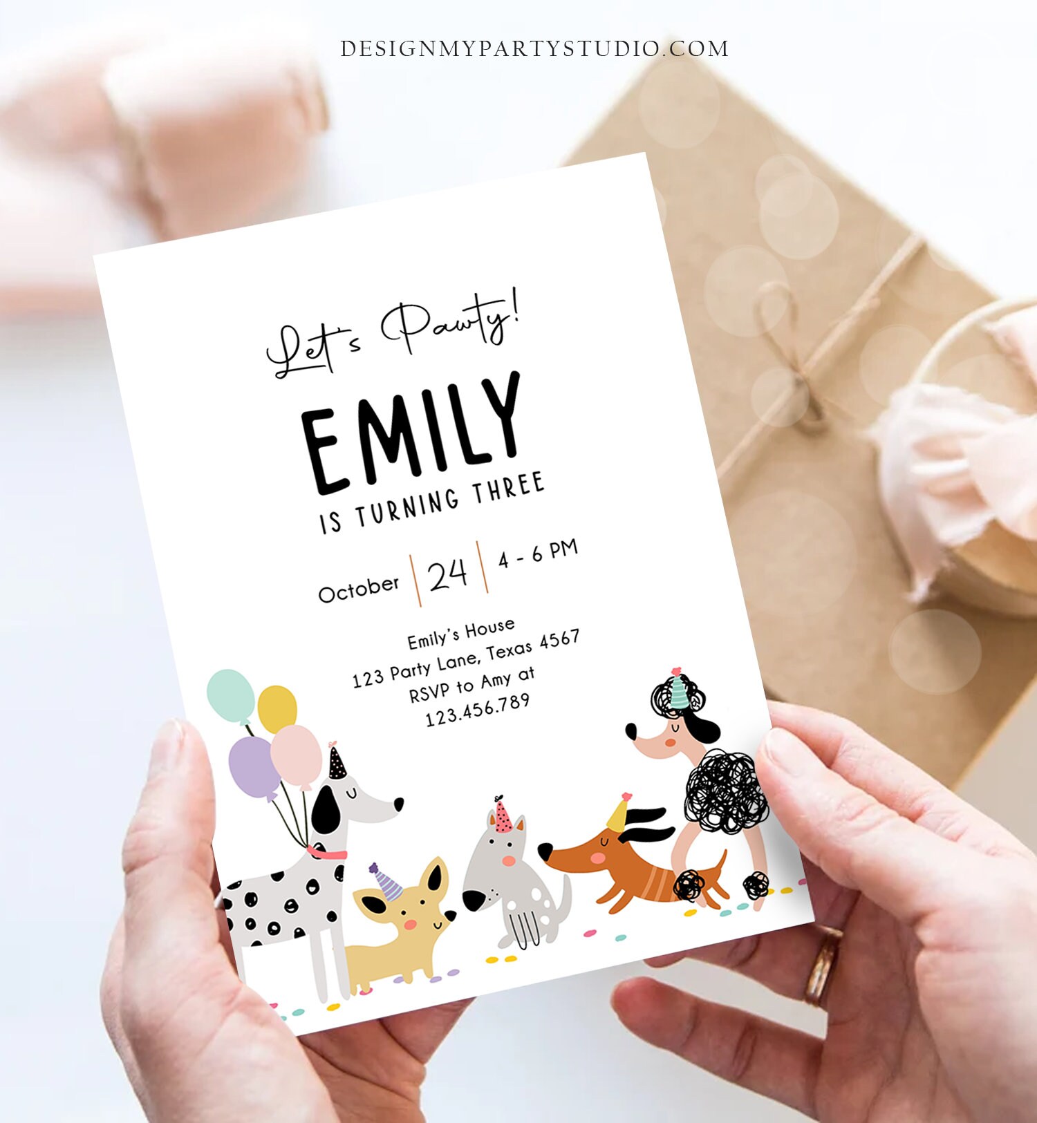 Editable Dog Birthday Party Invitation Puppy Birthday Invite Pink Girl ...