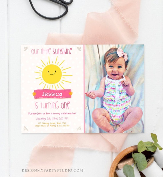 Editable Our Little Sunshine Birthday Invitation You Are My Sunshine First Birthday 1st Yellow Pink Girl Download Corjl Template 0212 Il_570xn