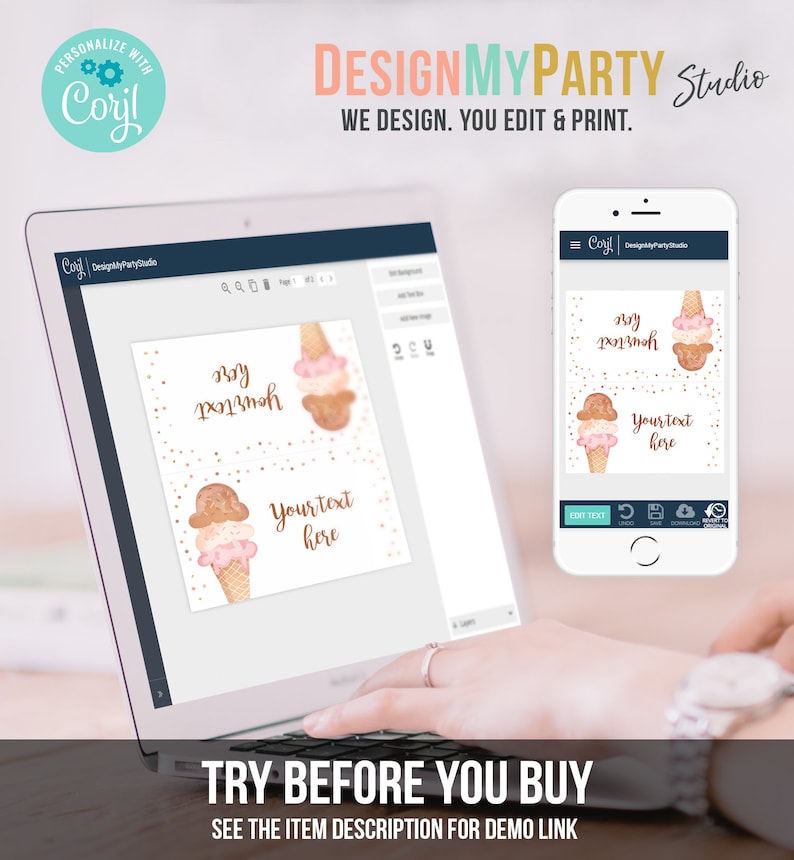 Editable Ice Cream Food Labels Ice Cream Birthday Food Cards Tent Card Girl Pink Gold the Scoop Buffet Label Tent Card Template Corjl 0243