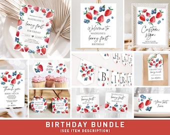 Strawberry Blueberry Birthday Invitation Bundle Berry First Birthday Berry Sweet Party Pack Girl Package 1st Printable Digital Template 0399