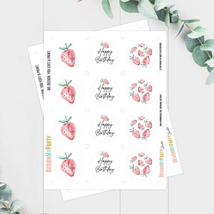 May include: Printable sticker sheet with 9 round stickers featuring watercolor illustrations of strawberries and the text "Happy Birthday".