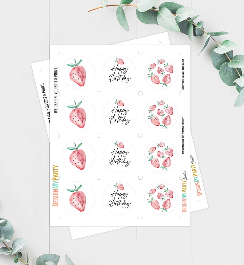 May include: Printable sticker sheet with 9 round stickers featuring watercolor illustrations of strawberries and the text "Happy Birthday".