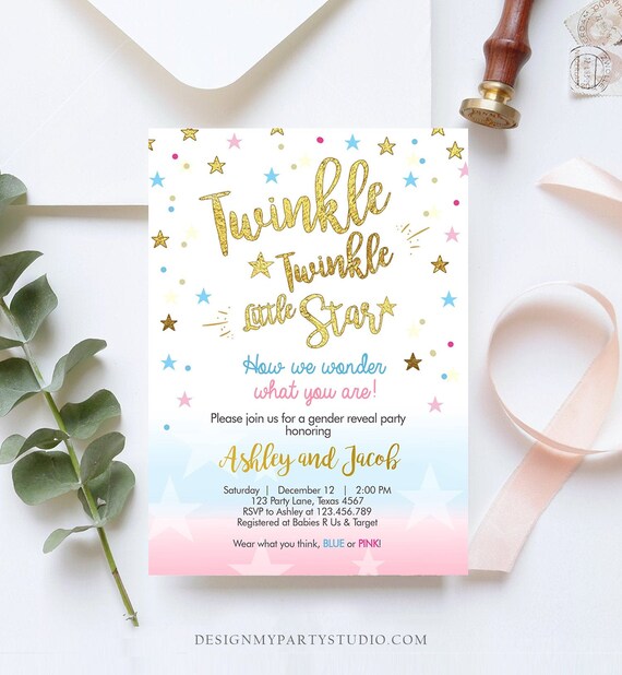 Editable Gender Reveal Invitation Baby Shower Twinkle Twinkle Little Star Blue or Pink He or She Gold Pink Blue Download Corjl Template 0235 Il_570xn
