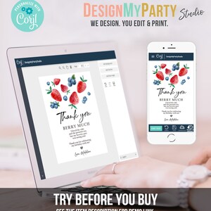 May include: A digital mockup of a thank you card featuring a watercolour illustration of strawberries and blueberries. The card reads "Thank you Berry Much" and includes a message thanking the recipient for celebrating their birthday. The card is being edited on a computer screen.