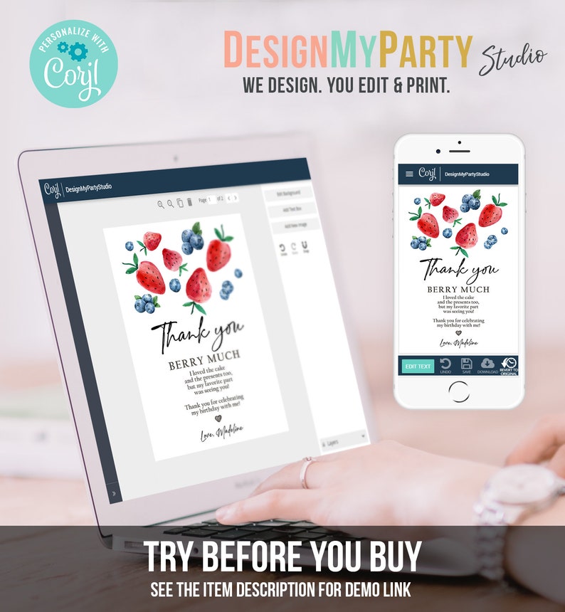 May include: A digital mockup of a thank you card featuring a watercolour illustration of strawberries and blueberries. The card reads "Thank you Berry Much" and includes a message thanking the recipient for celebrating their birthday. The card is being edited on a computer screen.