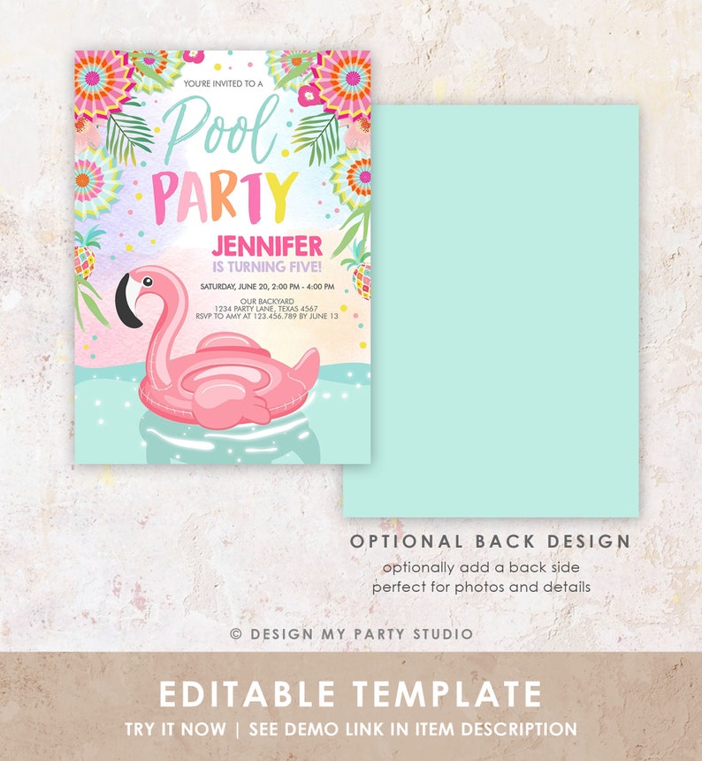 Editable Pool Party Invitation Flamingo Pool Party Birthday Invite Splish Splash Swimming Summer Download Printable Template Corjl 0240 image 8