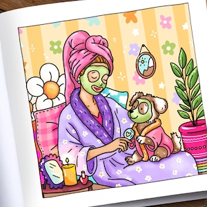 May include: A colorful illustration of a person and a dog enjoying a spa day. The person wears a pink towel and purple robe, with a green face mask. The dog wears a matching robe and mask. A candle, mirror, and potted plant are also visible.
