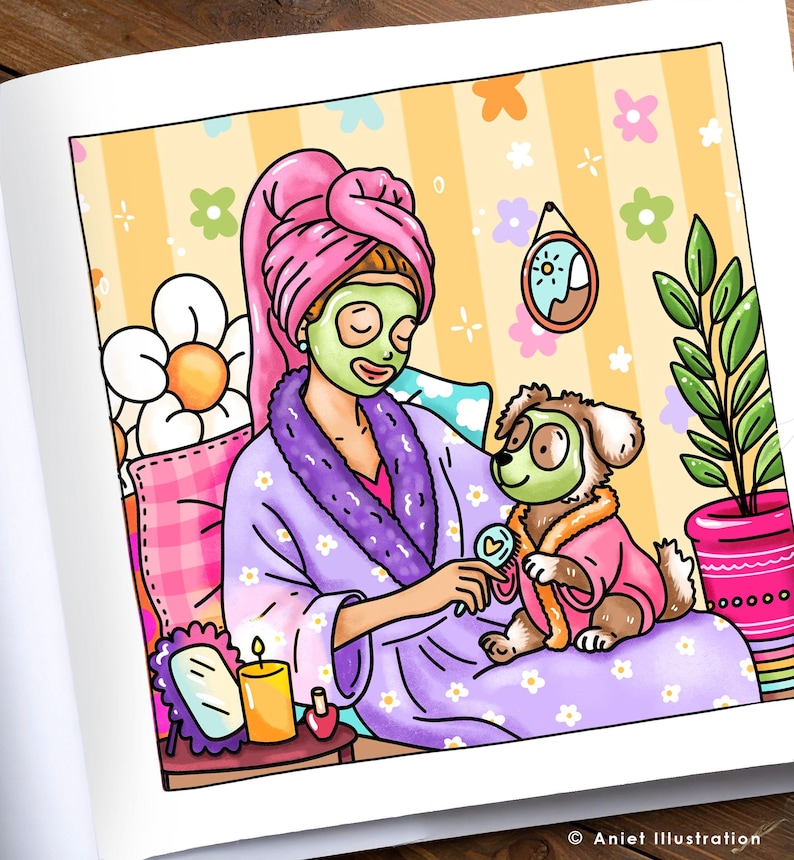 May include: A colorful illustration of a person and a dog enjoying a spa day. The person wears a pink towel and purple robe, with a green face mask. The dog wears a matching robe and mask. A candle, mirror, and potted plant are also visible.