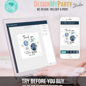 May include: A laptop screen displaying a thank you card template with a space theme. The card features a watercolor illustration of planets and stars with the text "Thank you for making my party a BLAST. Love, Jacob". The screen is showing a design tool with options to edit text, upload images, and download the design.