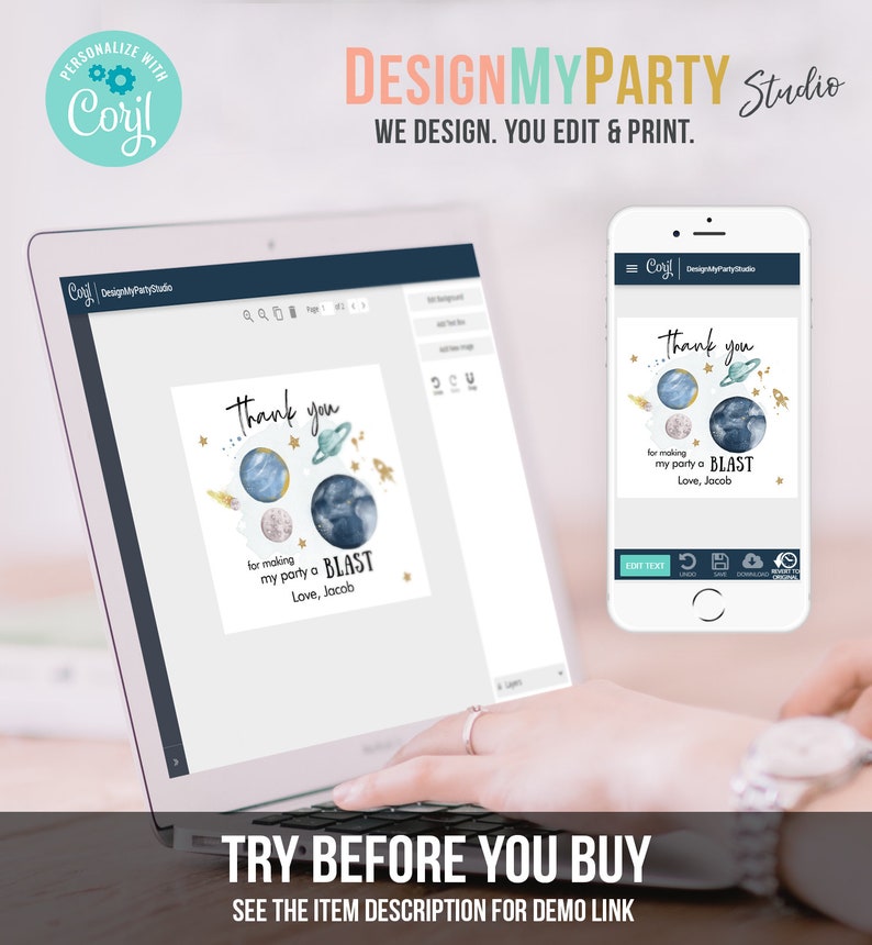 May include: A laptop screen displaying a thank you card template with a space theme. The card features a watercolor illustration of planets and stars with the text "Thank you for making my party a BLAST. Love, Jacob". The screen is showing a design tool with options to edit text, upload images, and download the design.