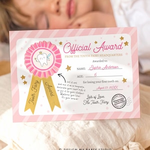 Editable Tooth Fairy Certificate Lost Tooth First Tooth Gift Fairy Note Girl Award Fairy Receipt Letter Digital Template Printable 0526