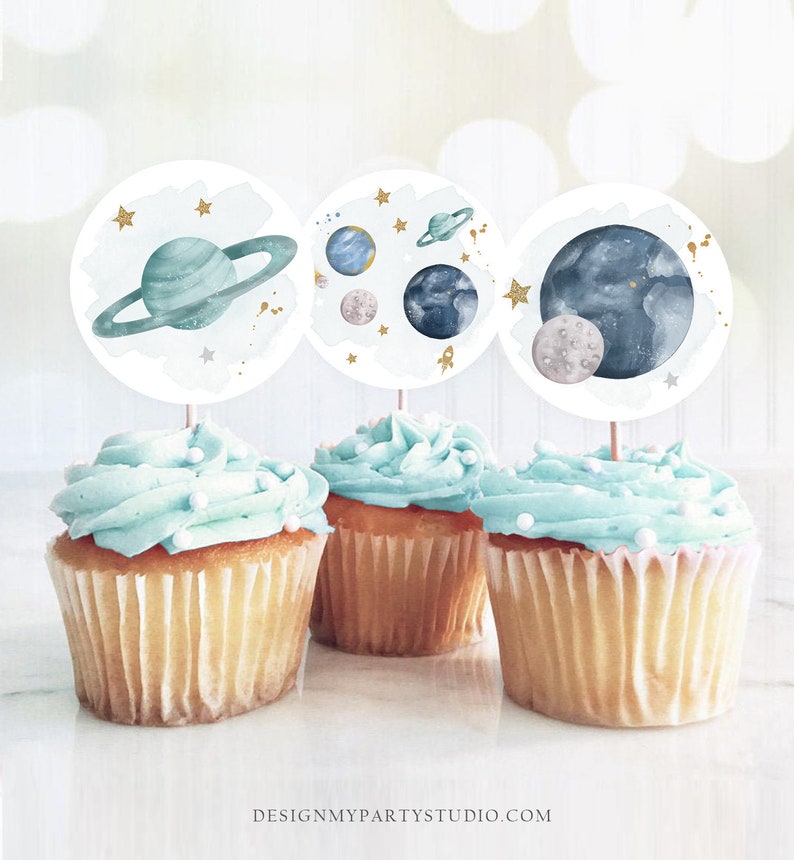 Outer Space Birthday Cupcake Toppers First Trip Around the Sun Favor Tags Space Birthday Planets Galaxy Digital Download Printable 0357 image 1
