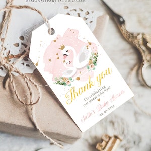 Editable Floral Swan Baby Shower Favor Tags Thank You Tags Swans Girl Pink Gold Princess Swan Gift Tag Decor Digital Corjl Template 0382