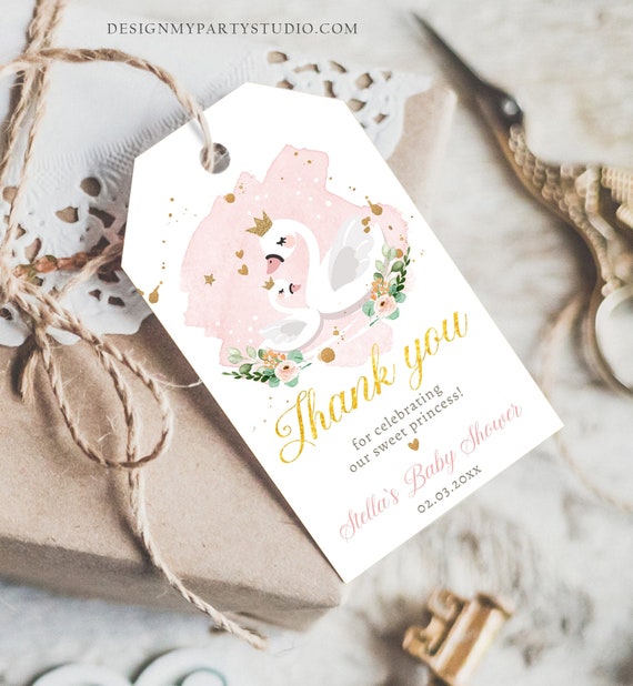 Editable Floral Swan Baby Shower Favor Tags Thank You Tags Swans Girl Pink Gold Princess Swan Gift Tag Decor Digital Corjl Template 0382 Il_570xn