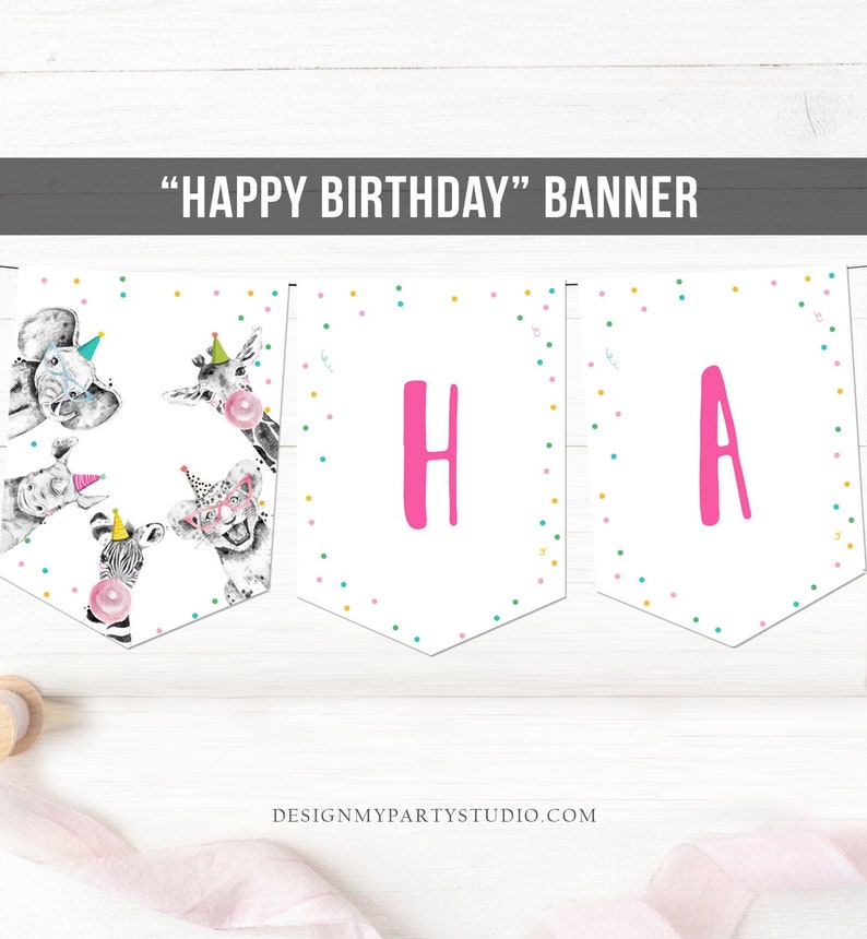 May include: A pink and white banner with the words "HAPPY BIRTHDAY" in black text. The banner has a white background with colorful confetti and images of animals wearing party hats. The banner is made up of individual flags with the letters "H", "A", and images of animals.