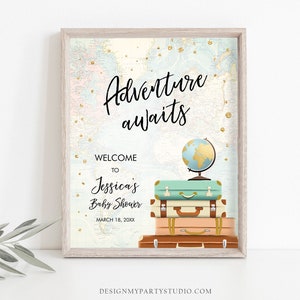 Editable Adventure Awaits Welcome Sign Baby Shower Traveling Around the World Travel Adventure Bridal Shower Floral Blue Corjl Template 0263 image 3