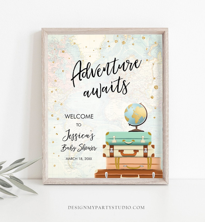 Editable Adventure Awaits Welcome Sign Baby Shower Traveling Around the World Travel Adventure Bridal Shower Floral Blue Corjl Template 0263 image 3