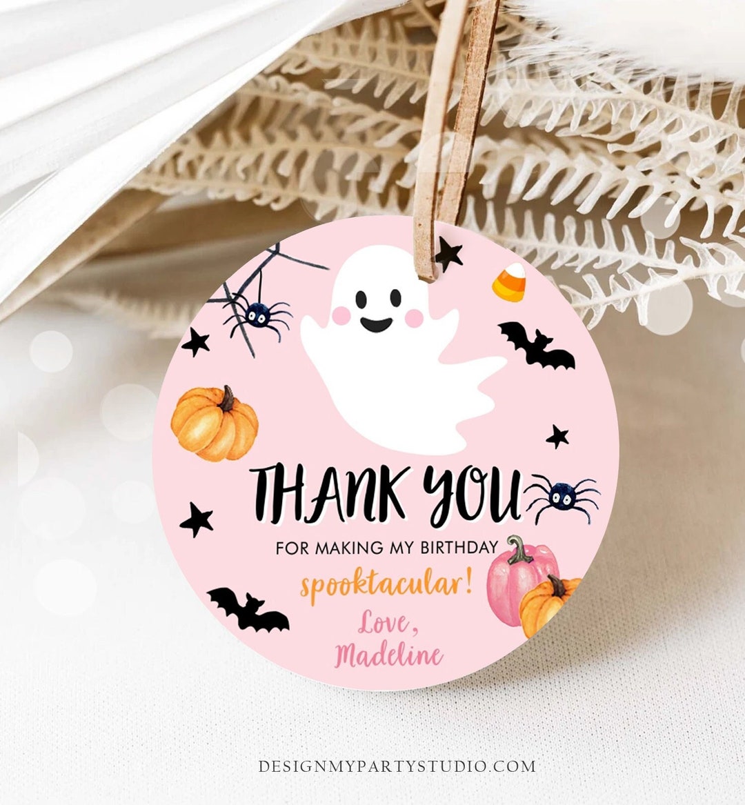 Editable Halloween Birthday Thank You Favor Tag Costume Party Girl Pink ...