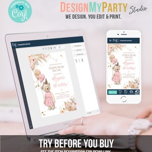 May include: A digital mockup of a customisable invitation for a teddy bear picnic. The invitation features a pink and gold colour scheme with a cute teddy bear illustration. The text on the invitation reads "You're invited to a Teddy Bear Picnic to celebrate Alyssa's 6th birthday!"