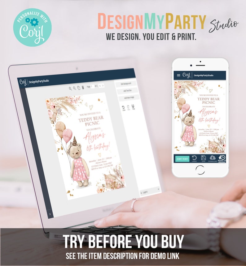 May include: A digital mockup of a customisable invitation for a teddy bear picnic. The invitation features a pink and gold colour scheme with a cute teddy bear illustration. The text on the invitation reads "You're invited to a Teddy Bear Picnic to celebrate Alyssa's 6th birthday!"