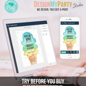 May include: A computer screen displaying a customizable ice cream cone birthday invitation template. The invitation features a cartoon ice cream cone with three scoops of ice cream in blue, green, and yellow. The text on the invitation reads "Here's the scoop! You're invited to Mason's 1st Birthday!" The text also includes the date and time of the party. The invitation is being edited on a website called DesignMyParty Studio.