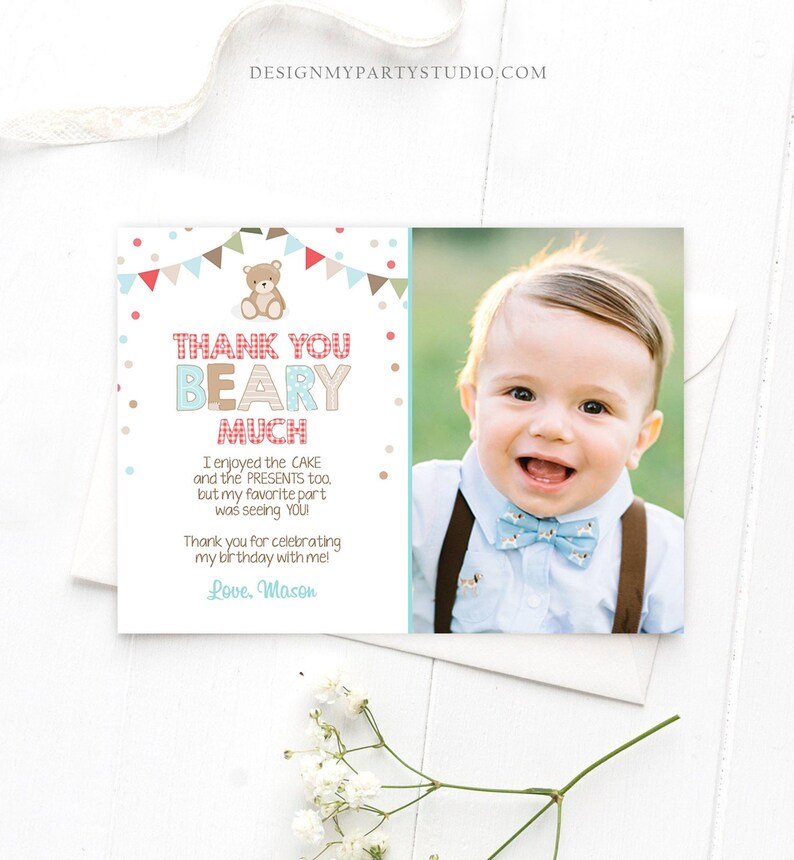 Editable Thank You Card Teddy Bear Birthday Picnic Beary Much Boy Blue Woodland Download Printable Thank You Template Digital Corjl 0100 image 1