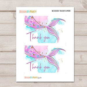 Mermaid Thank You Card Girl Mermaid Birthday Party Thank You Note Purple Gold Under The Sea Printable Instant Download Digital 0403 image 2