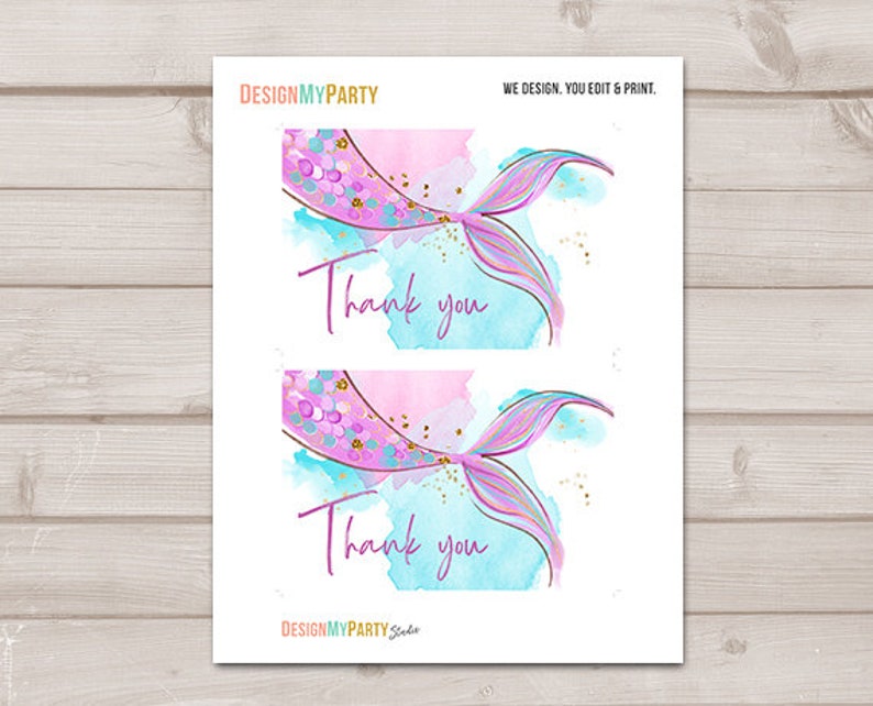 Mermaid Thank You Card Girl Mermaid Birthday Party Thank You Note Purple Gold Under The Sea Printable Instant Download Digital 0403 image 2