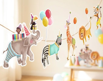 Safari Animal Centerpieces, Jungle Birthday Party Decor, Zoo Cake Toppers, Party Animals Banner Printable 0482