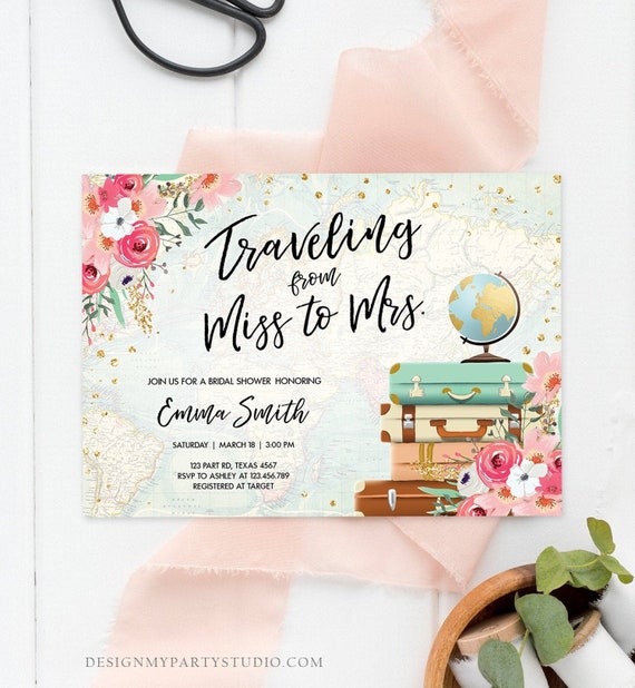 Editable Miss To Mrs Travel Bridal Shower Invitation Flowers Etsy