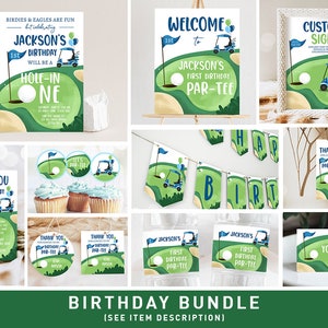 Hole in One Birthday Invitation Bundle Golf First Birthday Par-tee Boy Golfing Party Bundle One Invite Digital Printable Corjl Template 0405