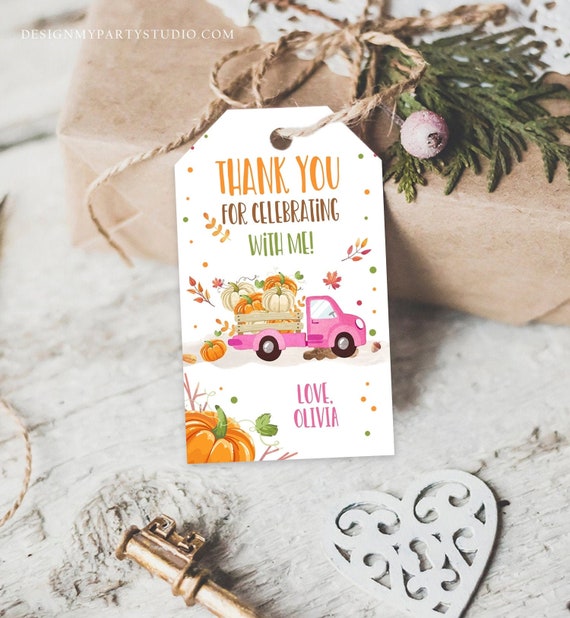Editable Pumpkin Favor Tags Pumpkin Truck Thank You Tags Fall Autumn Label Pumpkin Birthday Girl Pink Fall Harvest Corjl Template 0153 Il_570xn