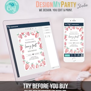 May include: A digital mockup of a printable invitation for a first birthday party. The invitation features a watercolor design of strawberries and the text "Madeline's Berry First Birthday". The invitation is displayed on a laptop screen and a mobile phone screen.