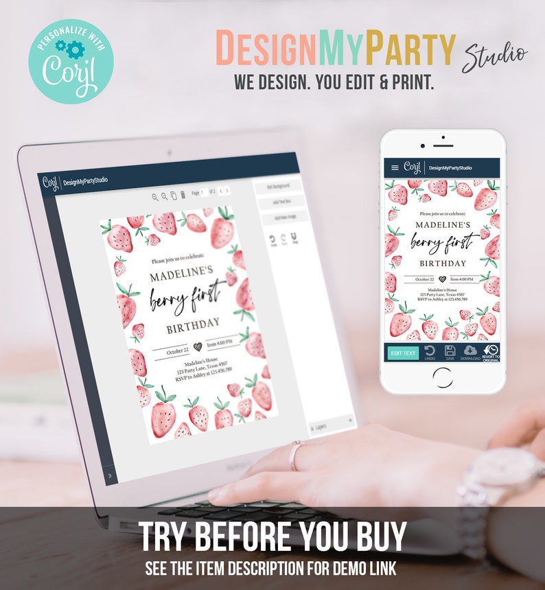 May include: A digital mockup of a printable invitation for a first birthday party. The invitation features a watercolor design of strawberries and the text "Madeline's Berry First Birthday". The invitation is displayed on a laptop screen and a mobile phone screen.