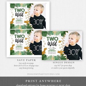 May include: Two Wild dinosaur themed birthday party invitation with a green and gold color scheme. The invitation features a photo of a young boy and the text "Two Wild" and "Join us to celebrate Mason's 2nd Birthday!"