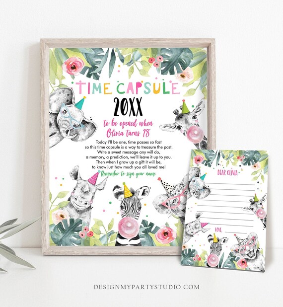 Editable Party Animals Time Capsule Girl Pink First Birthday Wild One First Birthday Party Zoo Safari Animals Jungle Corjl Template 0322 Il_570xn
