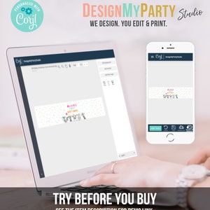 May include: A laptop screen displaying a birthday banner design with colorful confetti and the text "Olivia's 1st Birthday!" The banner is being edited in a web-based design tool. The text "TRY BEFORE YOU BUY" is displayed below the laptop screen.