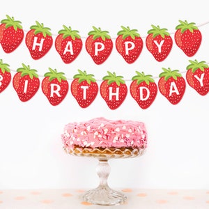Strawberry Birthday Banner Strawberry Garland Strawberry Happy Birthday Girl First Birthday Farmers Market Instant Digital Printable 0091