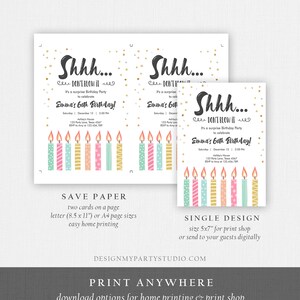 May include: A printable 60th birthday party invitation with a gold confetti background. The invitation features a whimsical illustration of candles with pink, blue, and gold accents. The text reads "Shhh... Don't Blow It! It's a surprise birthday party to celebrate Emma's 60th Birthday!"