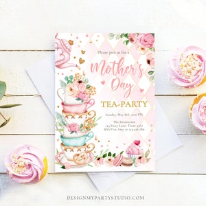 May include: Pink and gold Mother's Day tea party invitation with a stack of teacups, flowers, and a cupcake. The invitation includes the text "Please join us for a Mother's Day Tea-Party" and details about the event.