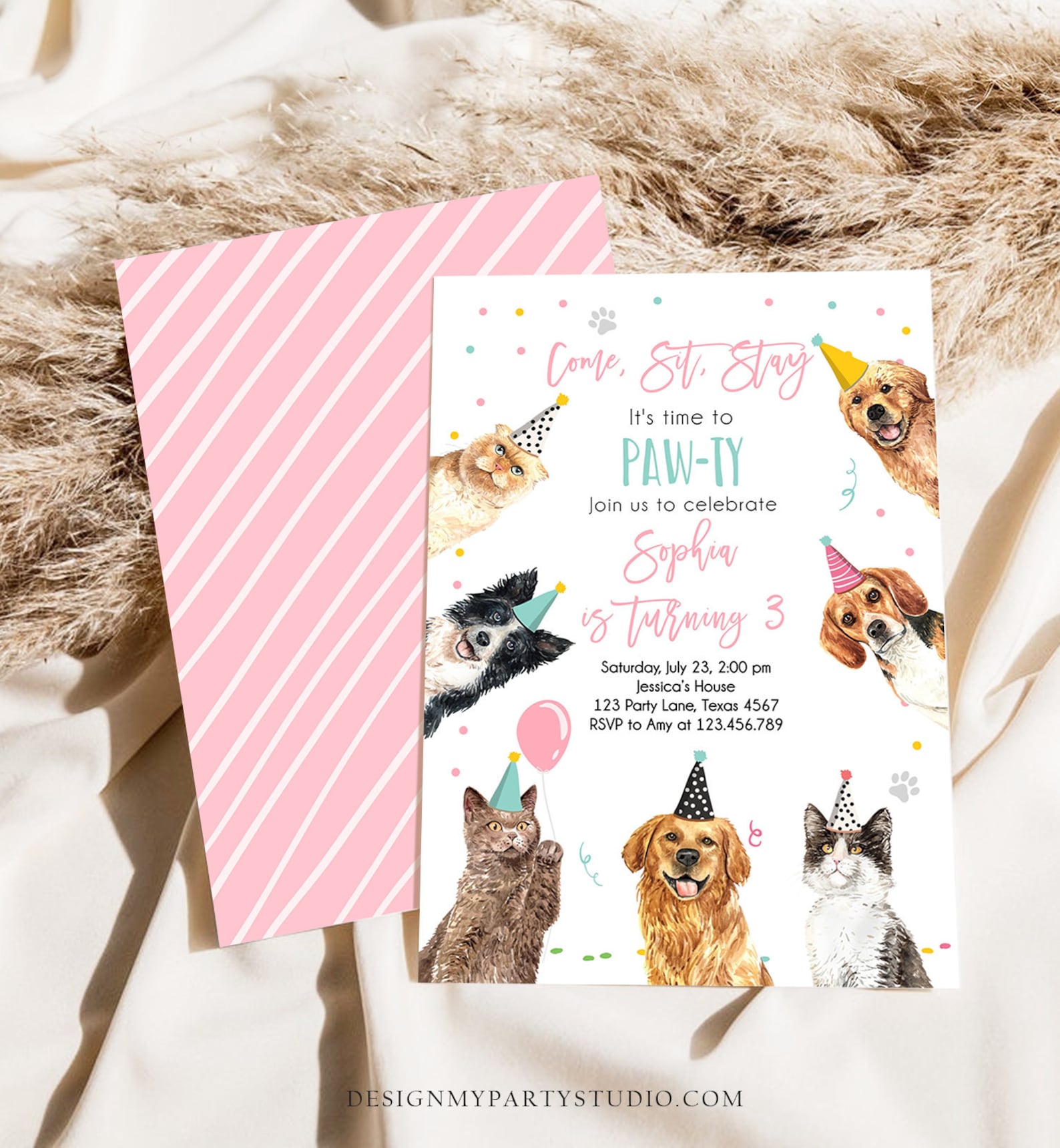 Editable Cats and Dogs Birthday Invitation Cat Dog Birthday Party ...