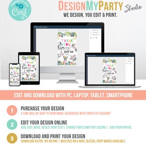 K&ouml;nnte beinhalten: Eine digitale Designvorlage f&uuml;r eine Dankeskarte mit Dschungeltier-Motiv. Die Karte zeigt ein farbenfrohes Design mit einem Zebra, einer Giraffe und einem L&ouml;wen. Der Text auf der Karte lautet "Danke" und "Wir hoffen, du hattest eine wilde Zeit".