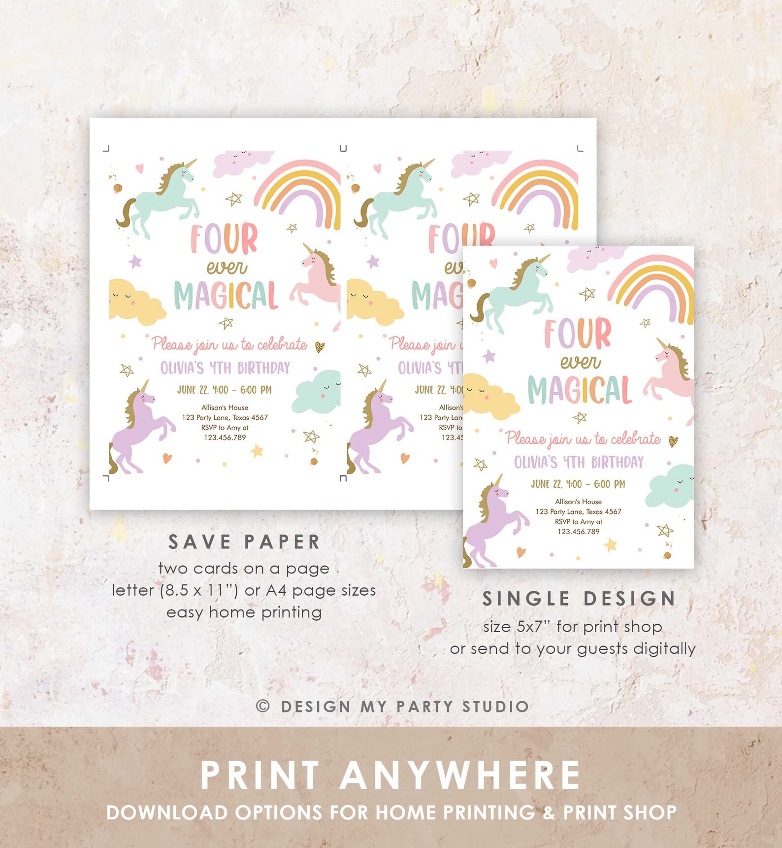 Editable Unicorn 4th Birthday Invitation Four Ever Magical Party Invite ...