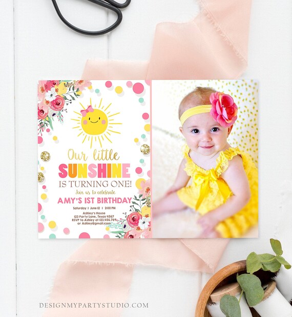 Editable Little Sunshine Birthday Invitation Bow You are My Sunshine Lemonade Girl First Birthday Pink Gold Corjl Template Printable 0244 Il_570xn
