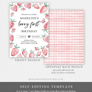 May include: Printable invitation template for a first birthday party with a strawberry theme. The front of the invitation features a watercolor illustration of strawberries and the text "Madeline's Berry First Birthday". The back of the invitation is a pink and white gingham pattern.