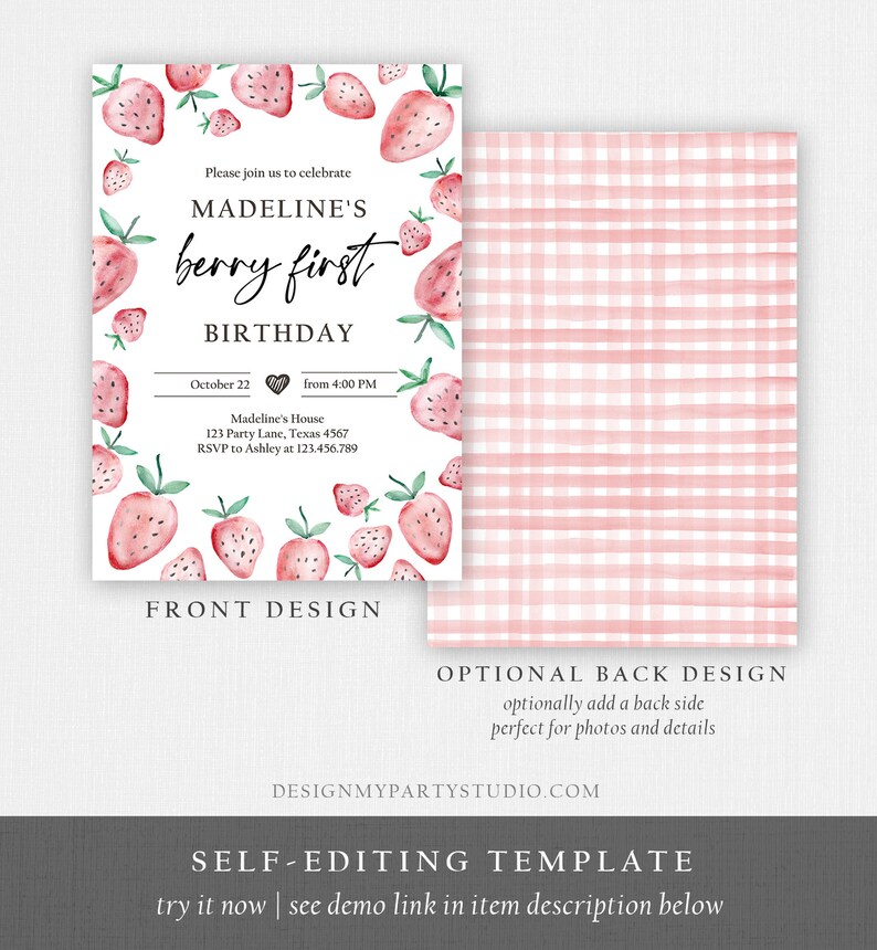 May include: Printable invitation template for a first birthday party with a strawberry theme. The front of the invitation features a watercolor illustration of strawberries and the text "Madeline's Berry First Birthday". The back of the invitation is a pink and white gingham pattern.